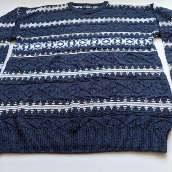 Vintage 90s Jantzen Grandpa Dad Sweater L Fair Isle Striped Blue Cotton Unisex - Picture 4 of 10